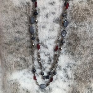 Double long necklace with stone, wood beads